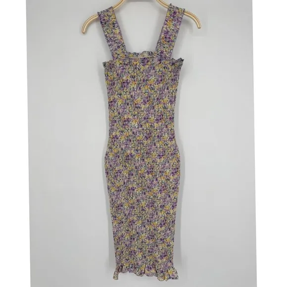 SNDYS Everyday Tina Midi Dress Size 2 Purple Yellow Floral Print Smocked Bodycon - Image 5