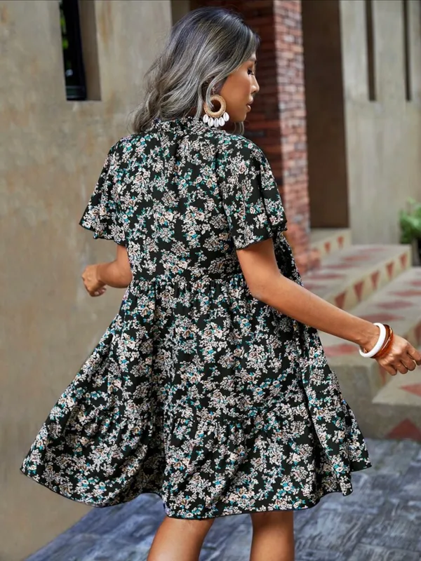 SHEIN Black Floral Tiered Ruffled V-Neck Collar Mini Dress - Image 2