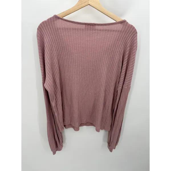 Pink‎ Lily Womens M Mauve Pink Ribbed Henley Top Boxy Relaxed Long Sleeve Casual - Image 3