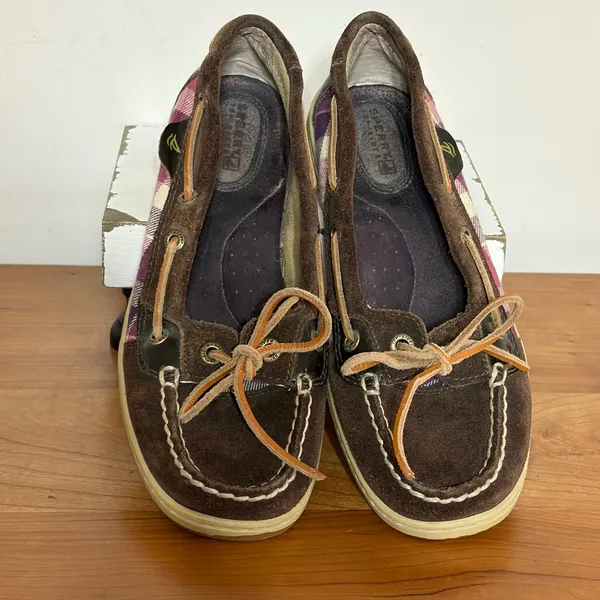 Sperry Top-Sider Women 7M Brown‎ Suede Purple Plaid Boat Shoes Loafers 9102328 - Image 3