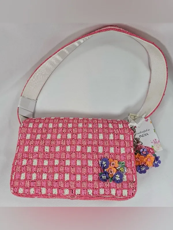 NWT India handcrafted Viral Beaded Pink Quilted Purple Flowers Checkered Bag - Image 2