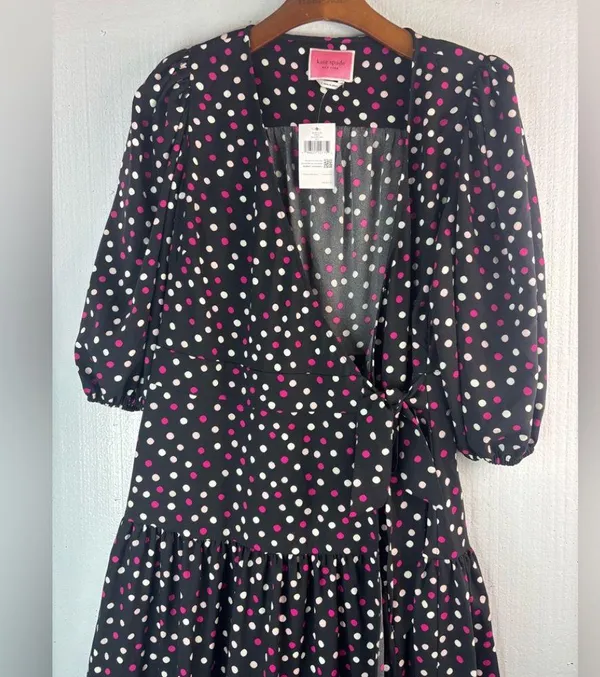 Kate Spade L Drop Waist Wrap Black and Pink Polka Dot Dress - Image 3