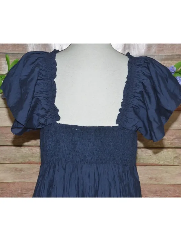 In February Navy Blue Tiered Maxi Dress Size L Milkmaid Puff Sleeve Keyhole Tie - Image 7