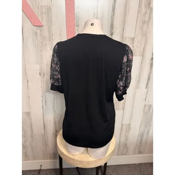 Alison Andrews Black Top XL Floral Puff Sleeve Blouse Stretchy Casual Workwear N - Image 6