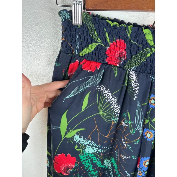 Aerie Wide Leg Pants Womens Small‎ Navy Blue Floral Smocked High Waist 3992 - Image 2