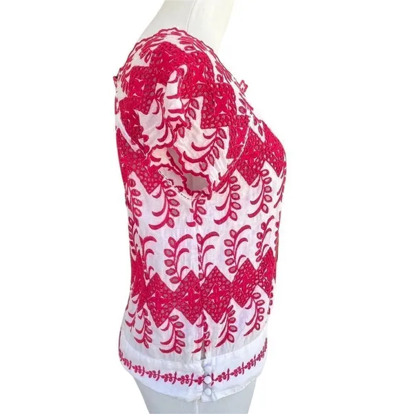 Anthropologie Vanessa Virginia Embroidered White and Pink Cotton Eyelet Top S - Image 4