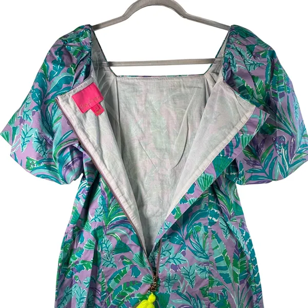 Lilly Pulitzer Lettie Dress Sz‎ 4 Purple Iris On The Chase Puff Sleeve Tropical - Image 10