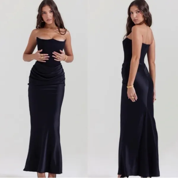 New HOUSE OF CB PERSEPHONE Black satin Strapless Dress Size S - Image 3
