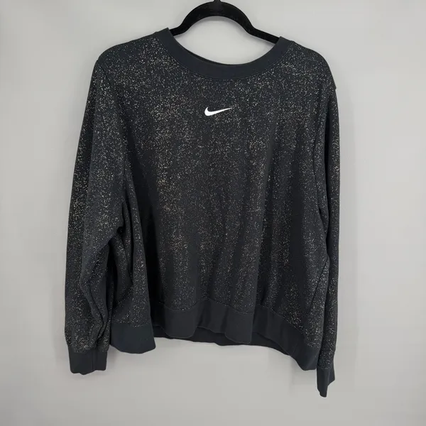 Nike Sweatshirt Womens 2X Black Stardust‎ Gold Metallic Fleece Crewneck Sporty - Image 2
