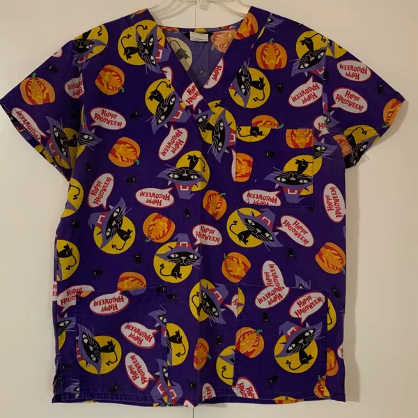 Just Love Halloween Cats Pumpkin Scrub Top 3 Pockets Med/Lrg - Image 5