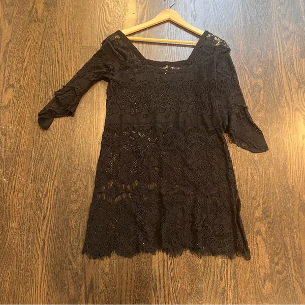 Free People Black Lace Bell Sleeve Mini Dress XS Festival Boho Crochet Tunic - Image 9