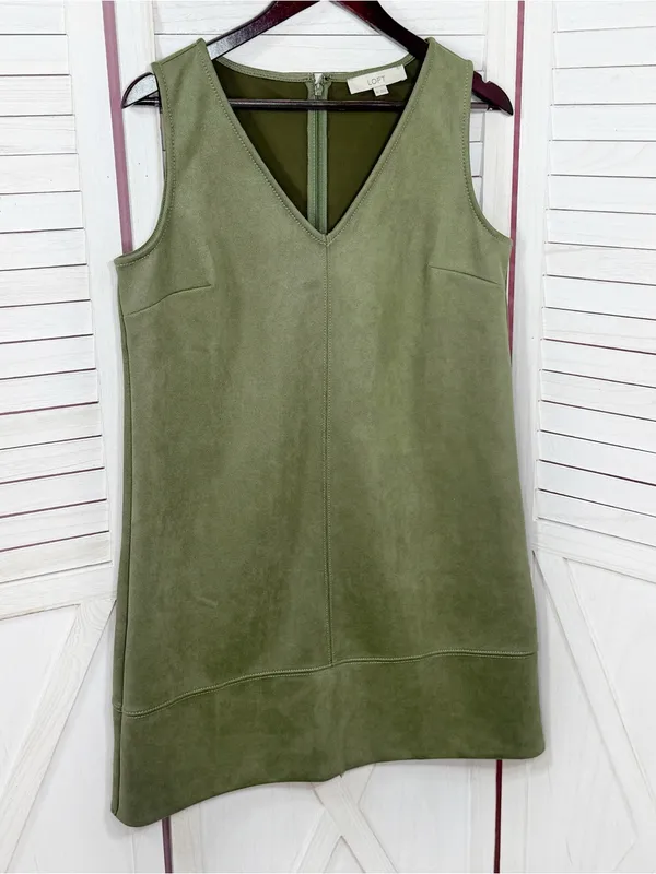 Loft Faux Suede V Neck Jumper Shift Mini Dress Olive Green 8 Tall Sleeveless - Image 8