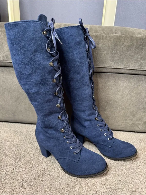 Tall Blue Faux Suede Lace-Up Women’s Boots Size 10 (43) NEW - Image 2