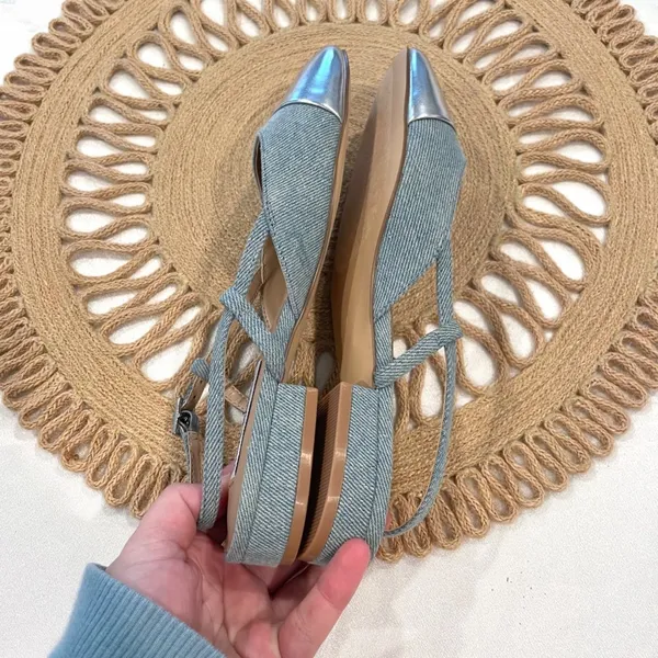Steve Madden Belinda Adjustable Buckle Sling Back Flats Denim Silver Size 6 - Image 8