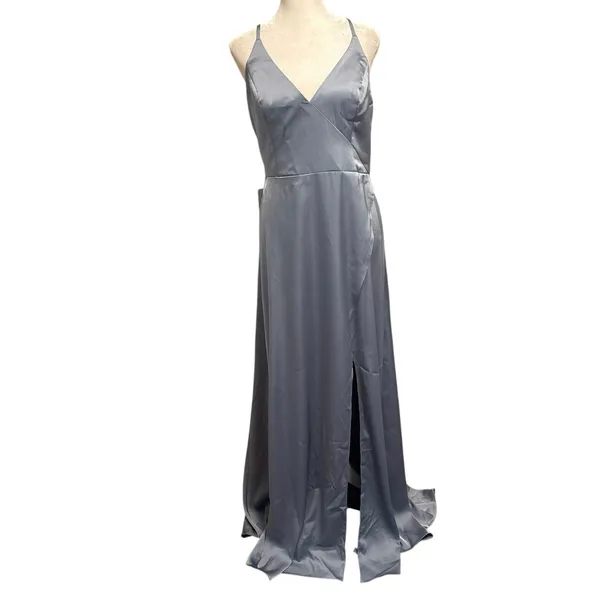 NEW Azazie Size A 14 Maksim Stretch Satin Maxi Dress Dusty Blue Bridesmaid - Image 3