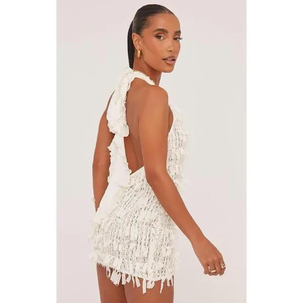 New EGO Extreme Plunge Mini Bodycon Dress In Cream Texture Size 8 - Image 2