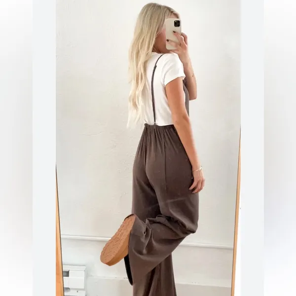1970’s Inspired Boho Wide Flare Leg Overalls Jumpsuit Romper Brown Size Small - Image 3