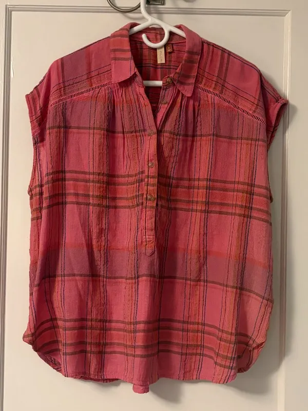 Pilcro Anthropologie Serena surf blouse embroidered plaid size medium oversized - Image 2