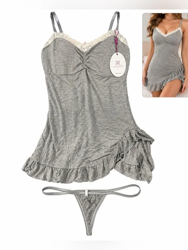 Soft comfort Women's Lace Trim Gray Chemise & Thong Sleep Set new size XL thong - Image 2