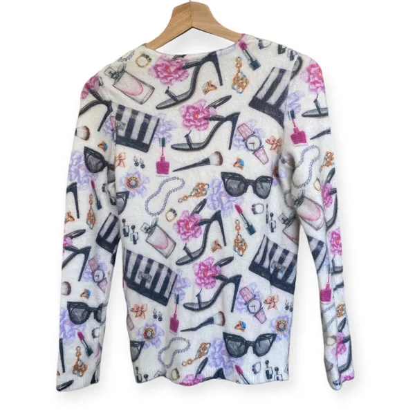 Tricotto V-Neck Sweater Lipstick Pearls Heels AOP Women's size Small Feminine - Image 3