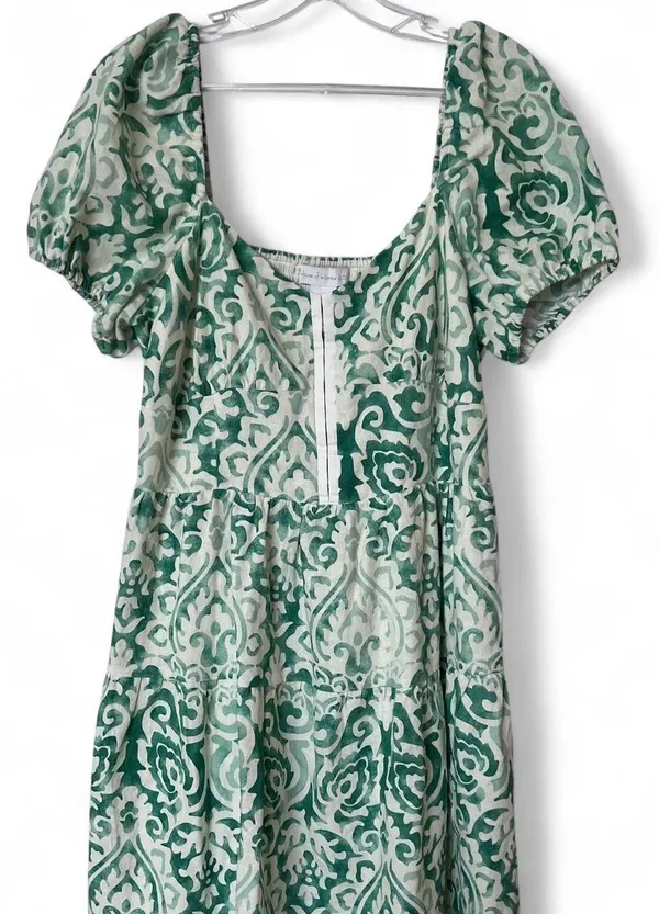 House Of Harlow 1960 Puff Sleeve Hook & Eye Linen Blend Mini Dress M Ivory/Green - Image 3