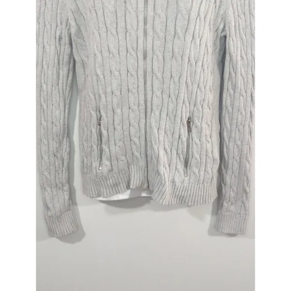 Lauren Ralph Lauren Light‎ Gray Cable Knit Zip Up Sweater Womens MED CabinCore - Image 5