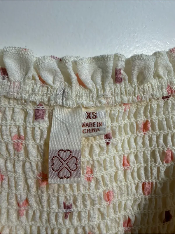 Heart Print Smocked Mini Dress XS Cottagecore Coquette Puff Sleeve Lace Trim - Image 4