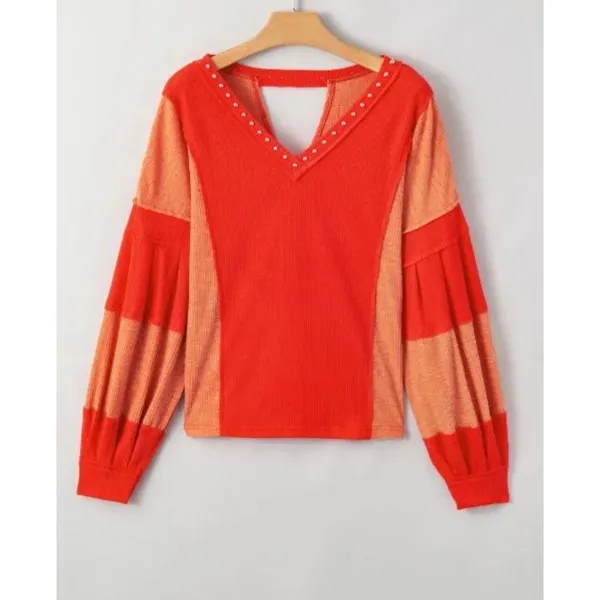 Charming Charlie sz L Women Studded Waffle VNeck Long Sleeve Top patchwork stitch - Image 12