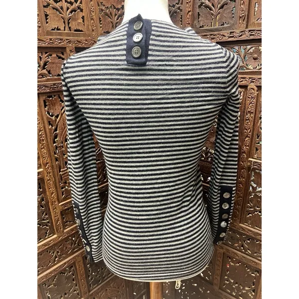 J. Crew XS Sweater Blue Gray Stripe Button Detail‎ Merino Wool - Image 2