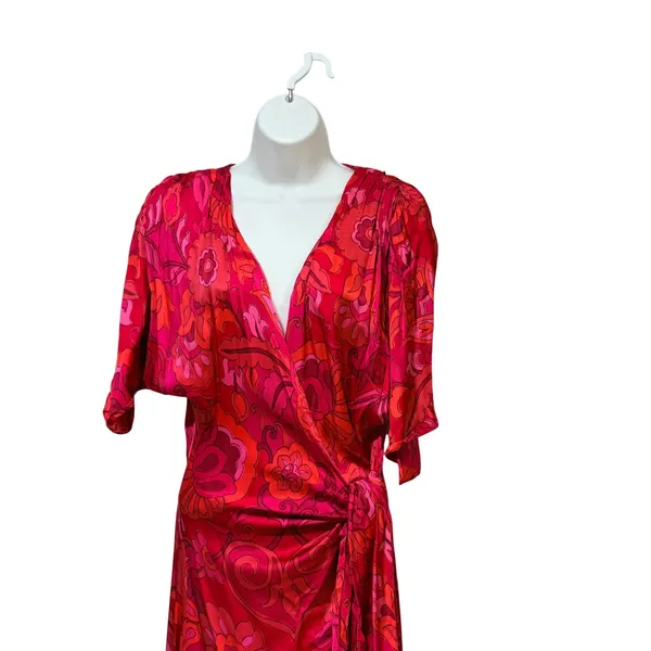 MISA Los Angeles Psychedelic Floral Wrap Maxi Dress Pink Red Orange V-Neck Boho - Image 6