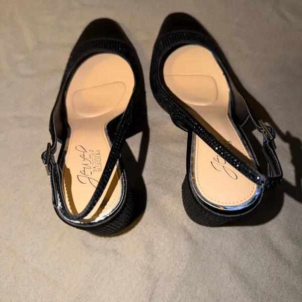 Jewel Badgley‎ Mischka Womens Black Crystal Embellished Slingback Block Heels 6 - Image 6