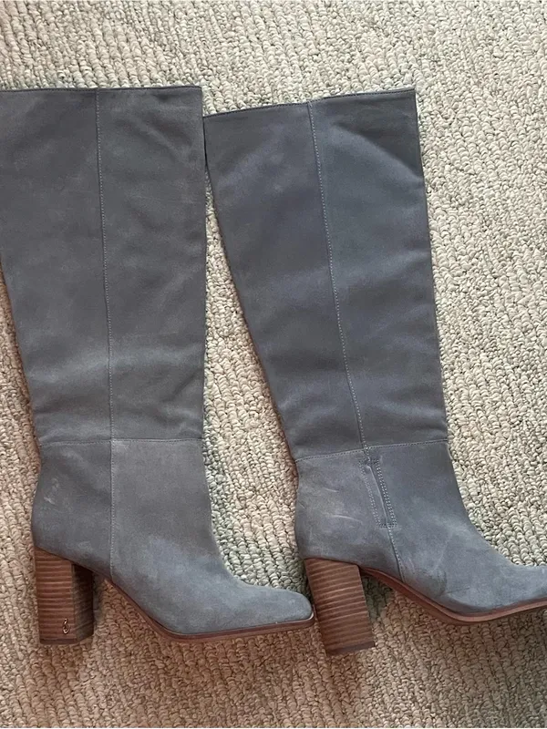 Sam Edelman Gray Suede Knee-High Block Heel Boots with Wood Stacked Heel - Image 2