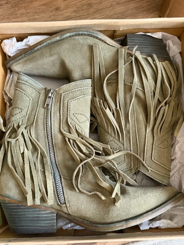 Free People Taupe Suede Leather Point Toe Lawless Fringe Western Boots - Image 11