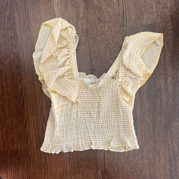 Anthro Smocked Ruffle Sleeve Crop Top - Yellow - Image 2