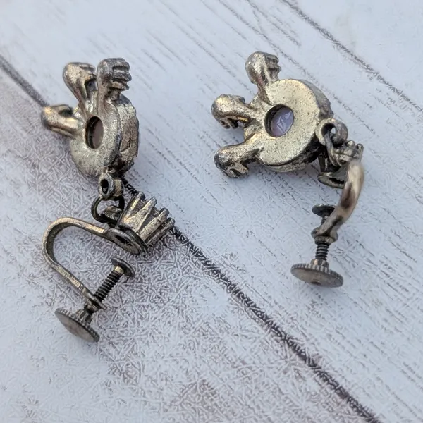Vintage Screw On Earrings Unusual Dangle - Tarnished - Image 6