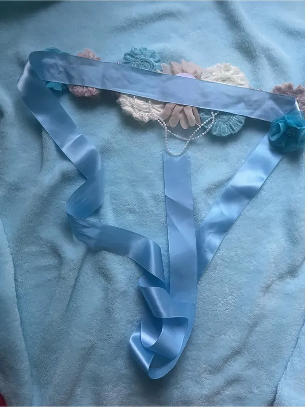 Floral Maternity Sash Belt and brooch in Blue, Cream & Tan - Image 7