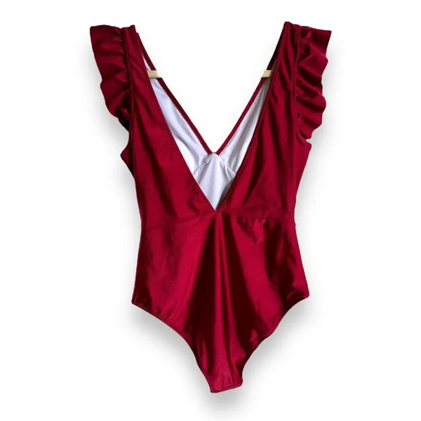 Cupshe Burgundy Ruffle V Neck Ruched One Piece Swimsuit Medium NWT‎ - Image 4