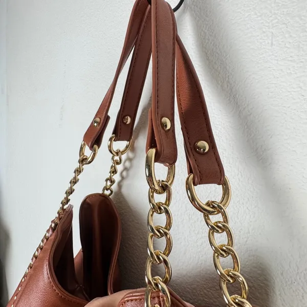 Bebe Colette Triple Entry Hobo Cognac Brown Shoulder Bag Chain Whlpstitch Slouch - Image 3