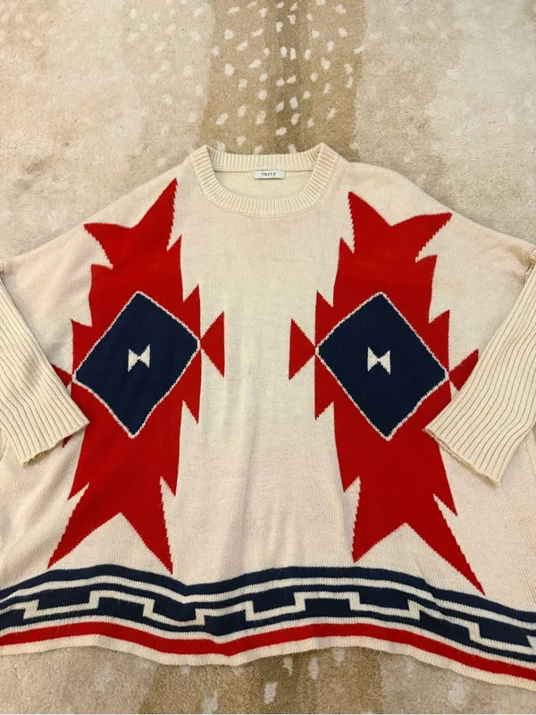 Verty Southwestern Geometric Oversized Sweater One Size Cream Red Navy - Image 5