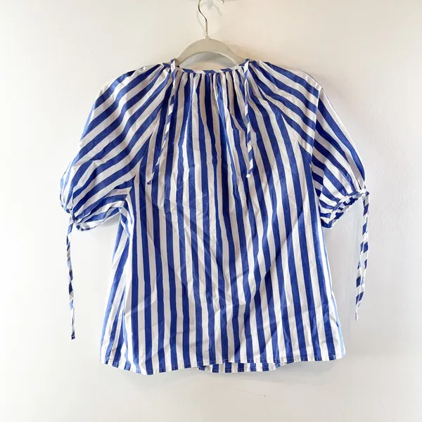 J. Crew Striped Button-Front Top with Tie Sleeves Brilliant Blue White Small - Image 4