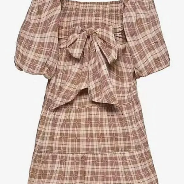 Faithfull the Brand Eryn Gingham Check Mini Dress Puff Sleeve Tie Back Brown L - Image 4