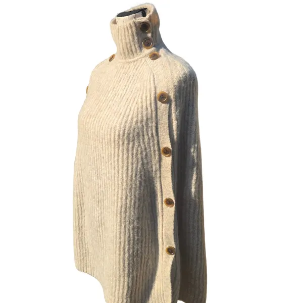 J. Crew NWT Ribbed Turtleneck Button Side Poncho Sweater Oatmeal‎ H3638 S/M - Image 4