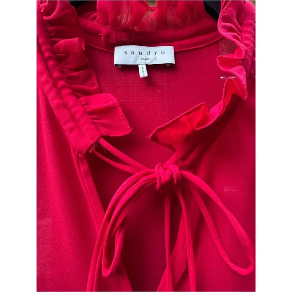 Sandro Paris Joy Rouge Écarlat Ruffled Midi Dress Red Sheer Romantic 38- US 6 - Image 6
