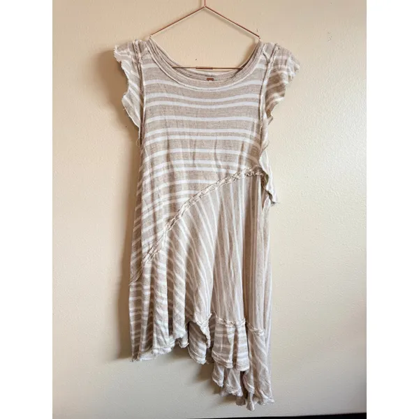 Free‎ People Mini Dress Women Small Beige Stripe Ruffle Sun Valley Boho Tunic - Image 4