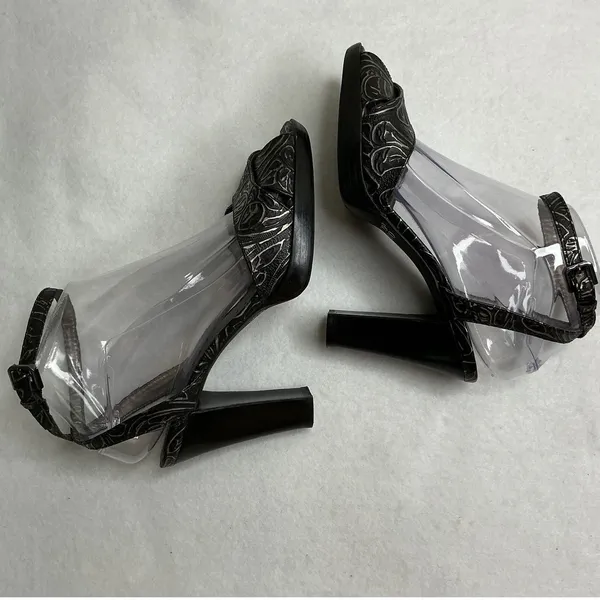 Franco Sarto Womens 6M Black Silver Metallic Embossed Ankle Strap Peep Toe Heels - Image 5