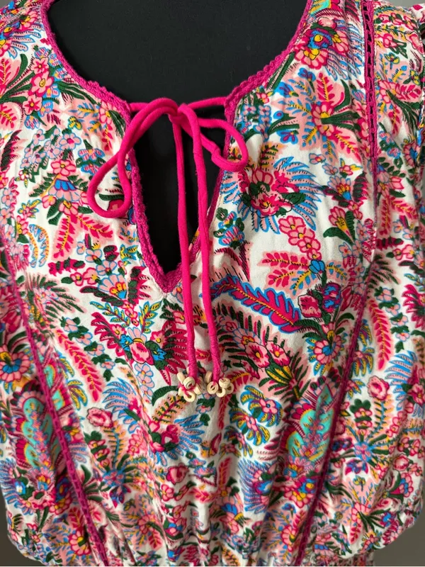 Natural Life Lyla Pink Palms Smocked Waist Tiered Mini Dress Cottagecore XL - Image 3