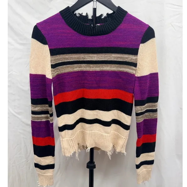 Lovers + Friends Destroyed Chunky Striped Knit Distressed Wool Cashmere Sweater - Image 2