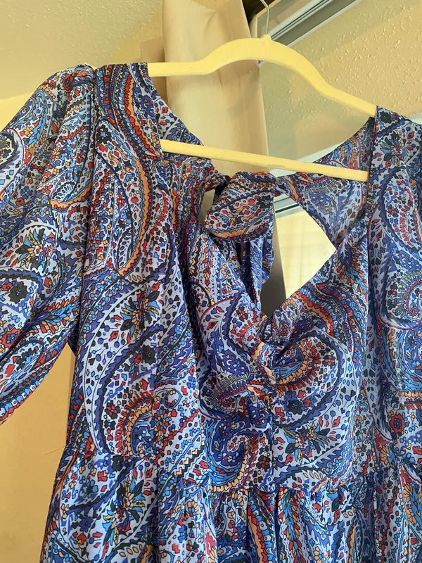 Kojooin Puff Sleeve Tie Back Ruffled Dress Navy Paisley Women’s XL NWT - Image 12