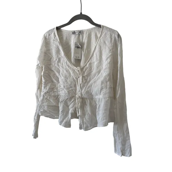 NWT Hollister Women’s White Swiss Dot Tie Front Peplum Blouse Long Sleeve XS - Image 4