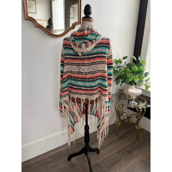 Daytrip Striped‎ Knit Hooded Fringe Cardigan Sweater Bohemian Boho Medium - Image 2